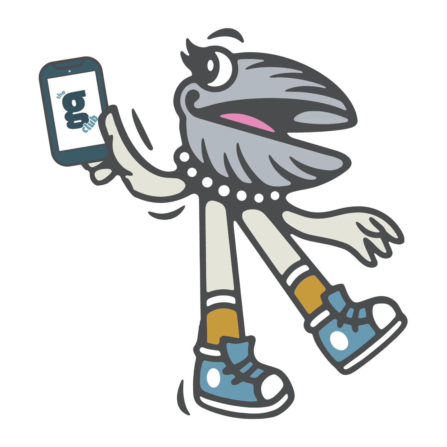 Clutch Mascot holding phone